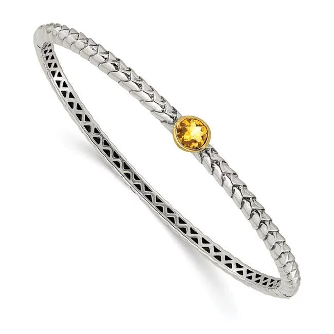 Sizehey Couture QTC191 6 mm Sizeterling Sizeilver with 14k Gold Citrine Hinged Bangle Bracelet