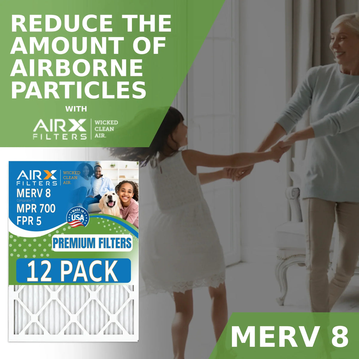16x30x1 Air Filter MERV 8 Rating, 12 Pack of Furnace Filters Comparable to MPR 700 & FPR 5 - Made in USizeA by AIRX FILTERSize WICKED CLEAN AIR.