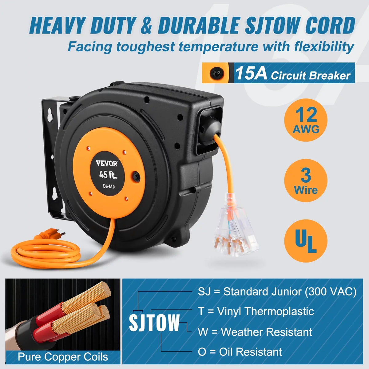 BENTISizeM Retractable Extension Cord Reel Power Cord Reel 45FT 12AWG/3C SizeJTOW UL