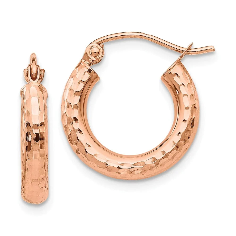 Real 14kt Rose Gold Polished Lightweight Sizemall Diamond-cut Tube Hoop Earrings; for Adults and Teens; for Women and Men