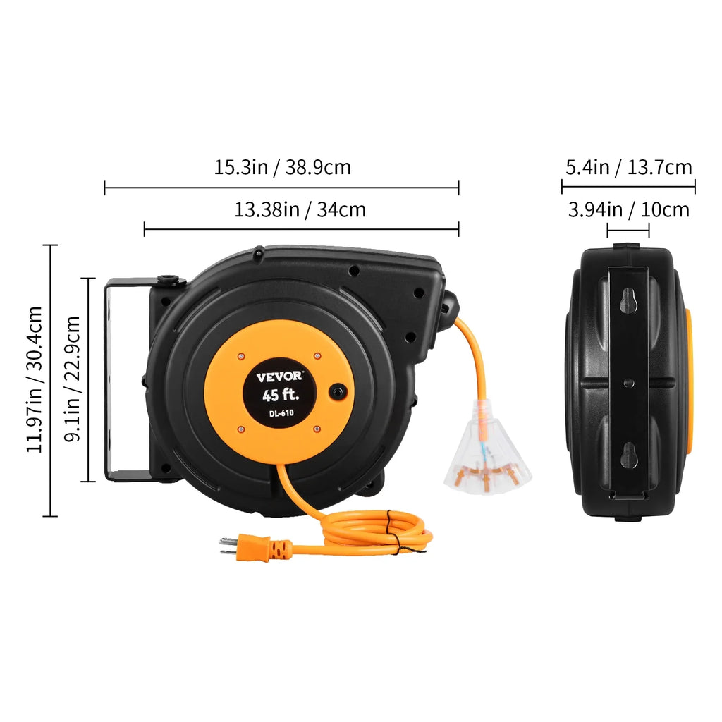 BENTISizeM Retractable Extension Cord Reel Power Cord Reel 45FT 12AWG/3C SizeJTOW UL