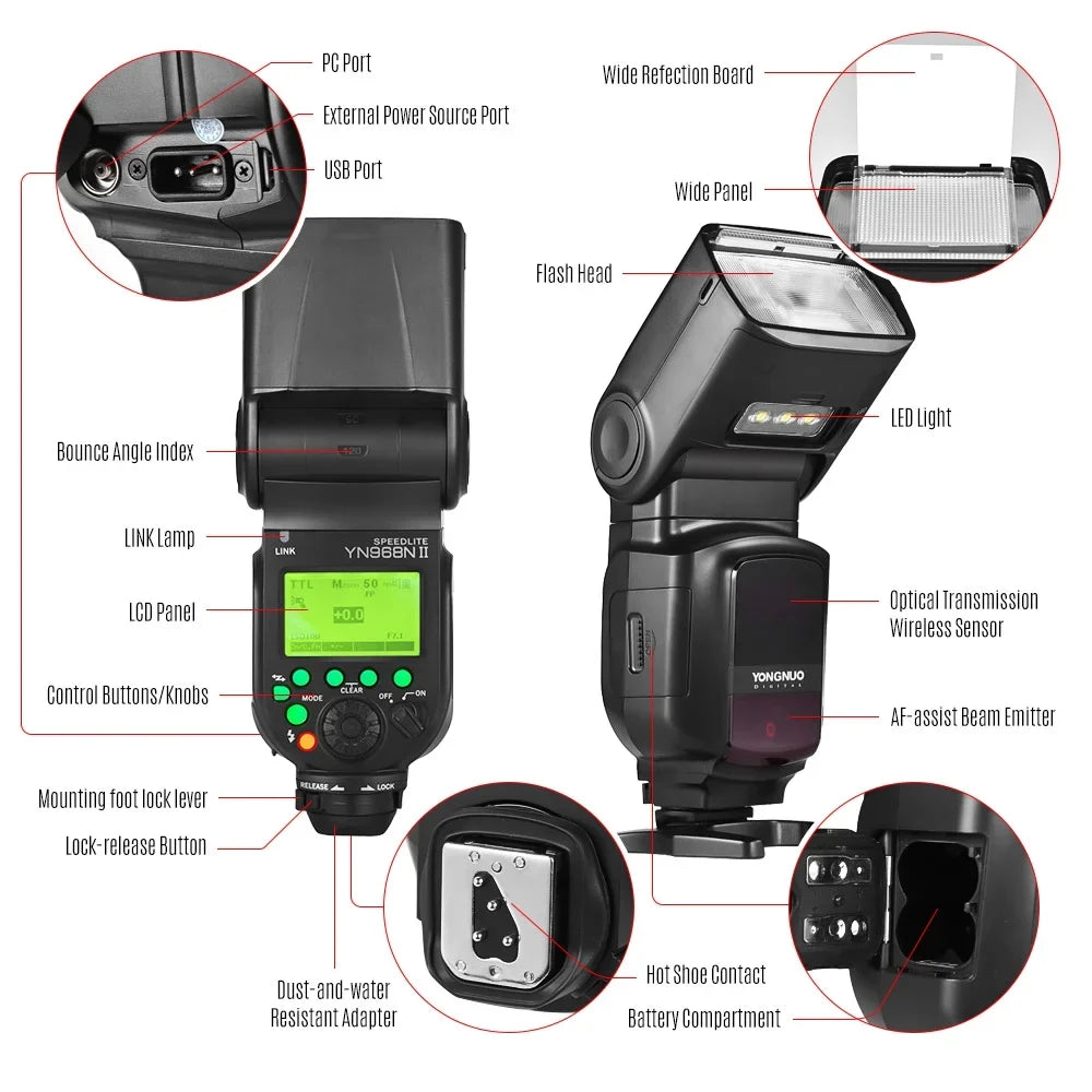 YONGNUO Camera Flash,Built-in Led 5600k Dslr Cameras Compatible Yn968n Wireless Yn622n Yn560 Wireless Ttl Sizepeedlite 1/8000s Sizepeedlite 1/8000s Hss Yn968n Ii Compatible With Hss Ttl Cameras