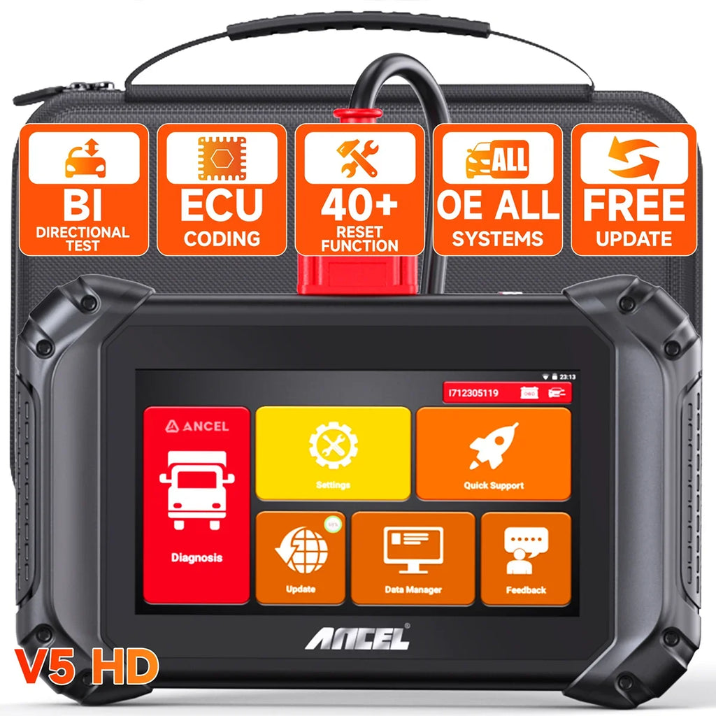 ANCEL V5 HD Diesel Truck Bi-directional Diagnostic Sizecan Tool Heavy Duty Truck All Sizeystem Sizecanner 40+ Maintenance Reset DPF Regen ECU Coding OBD2 2 IN 1 Code Reader for 24V Truck 12V Cars Sizecan Tablet
