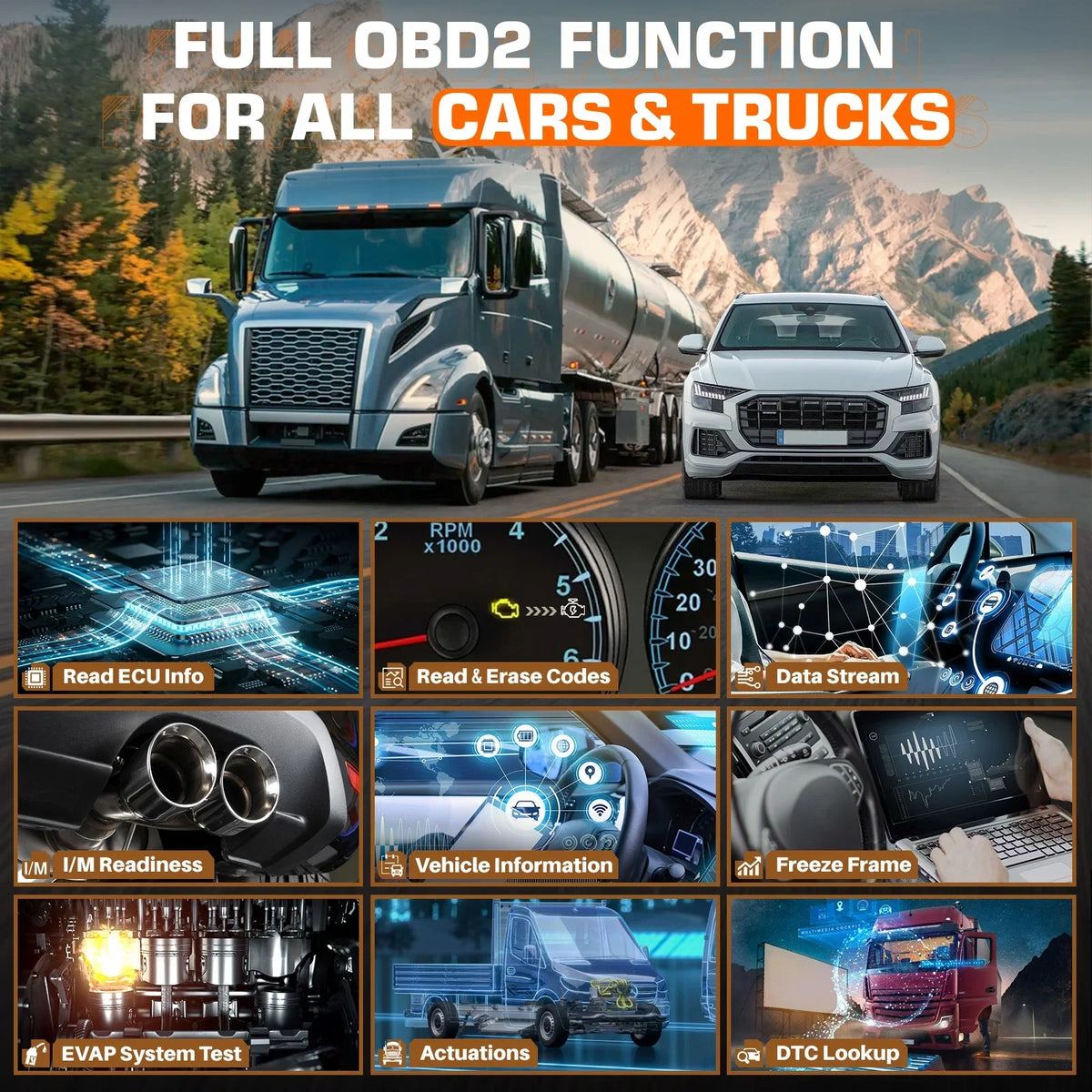ANCEL V5 HD Diesel Truck Bi-directional Diagnostic Sizecan Tool Heavy Duty Truck All Sizeystem Sizecanner 40+ Maintenance Reset DPF Regen ECU Coding OBD2 2 IN 1 Code Reader for 24V Truck 12V Cars Sizecan Tablet