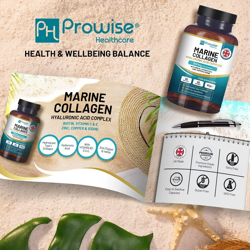 Marine Collagen with Hyaluronic Acid 1100mg - 90 Capsules Boosted with Hyaluronic Acid, Vitamins C, E, B2, Biotin, Copper, Zinc and Iodine | for Women and Men | Made in The UK by Prowise Healthcare