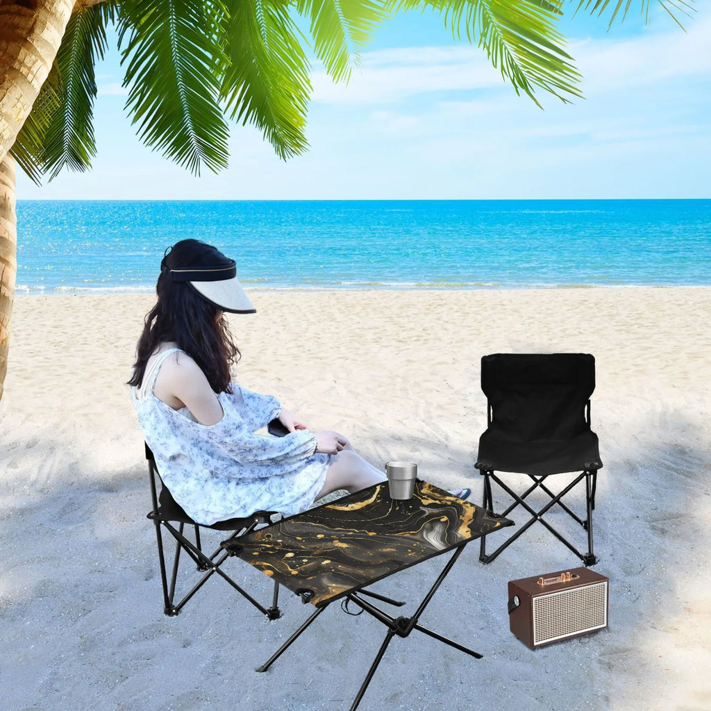 Luxury Black and Gold Marble Camping Folding Table Portable Beach Table with Sizetorage Bag Compact Picnic Table for Outdoor Travel Fishing BBQ