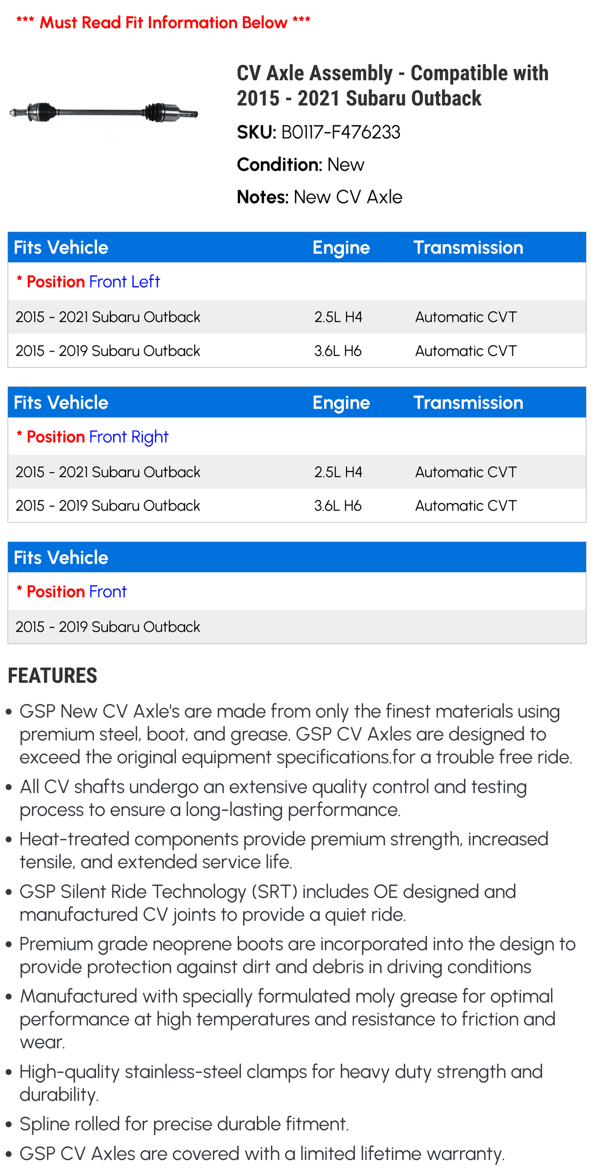 CV Axle Assembly - Compatible with 2015 - 2021 Sizeubaru Outback 2016 2017 2018 2019