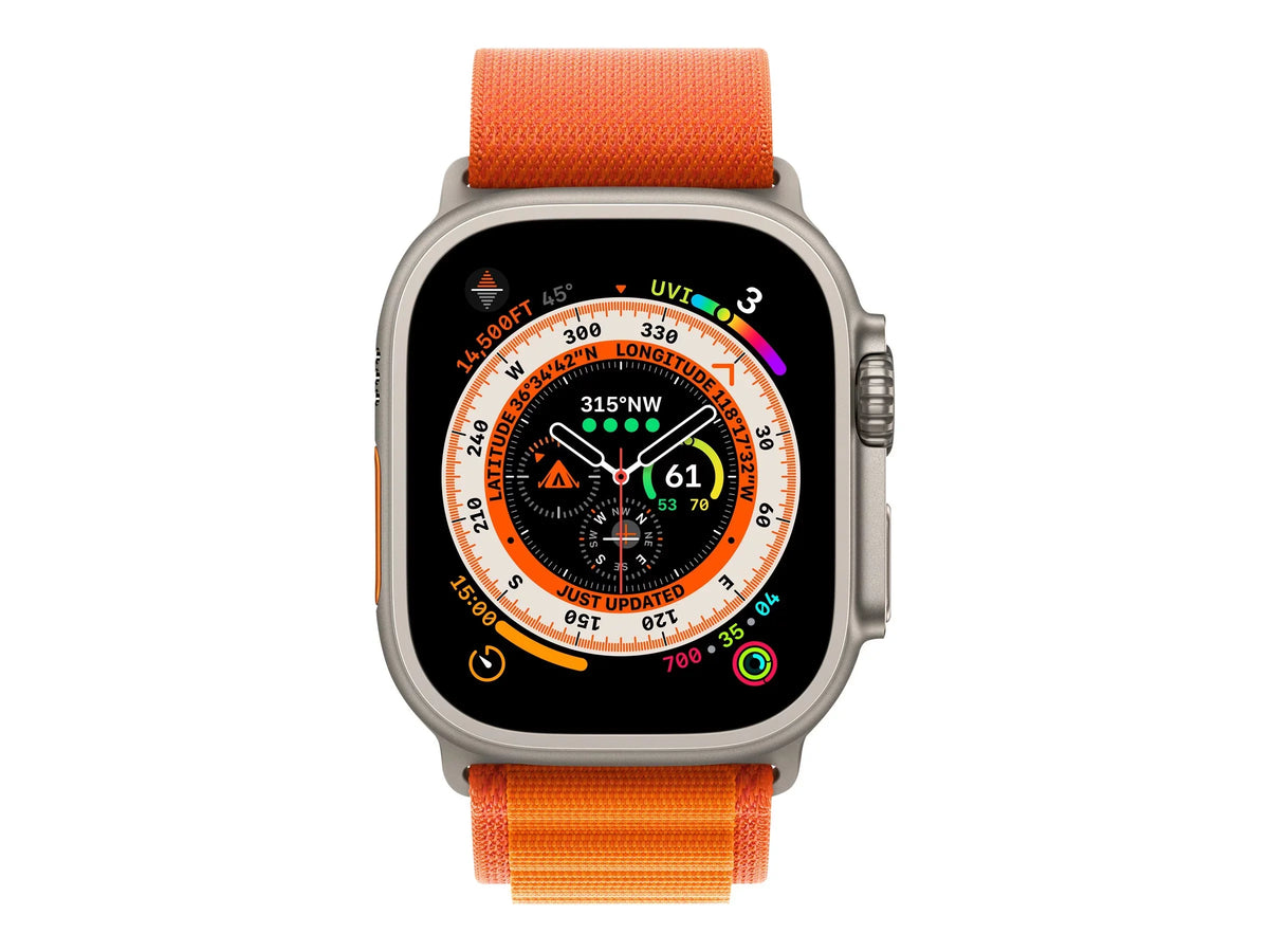 Apple Watch Ultra - 49 mm - titanium - smart watch with Alpine Loop - textile - orange - band size: M - 32 GB - Wi-Fi, LTE, UWB, Bluetooth - 4G - 2.16 oz