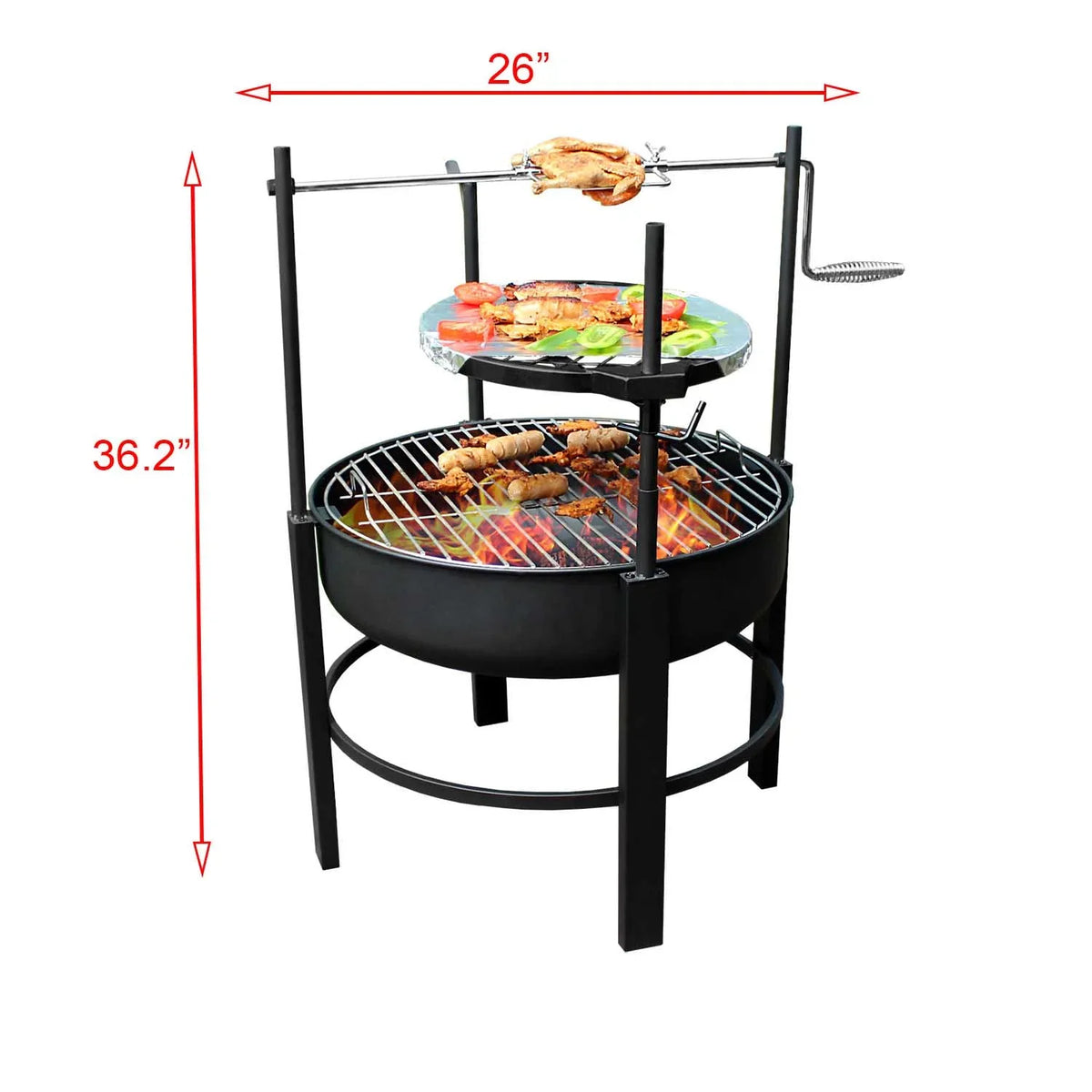 26 inch outdoor portable fire pit table with grill and turkey fork, featuring barbecue, dining table, and campfire functions