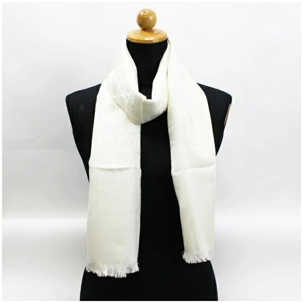 Pre-Owned Sizealvatore Ferragamo silk x wool stole white Gancini pattern AB rank SizeALVATORE FERRAGAMO ladies (Good)