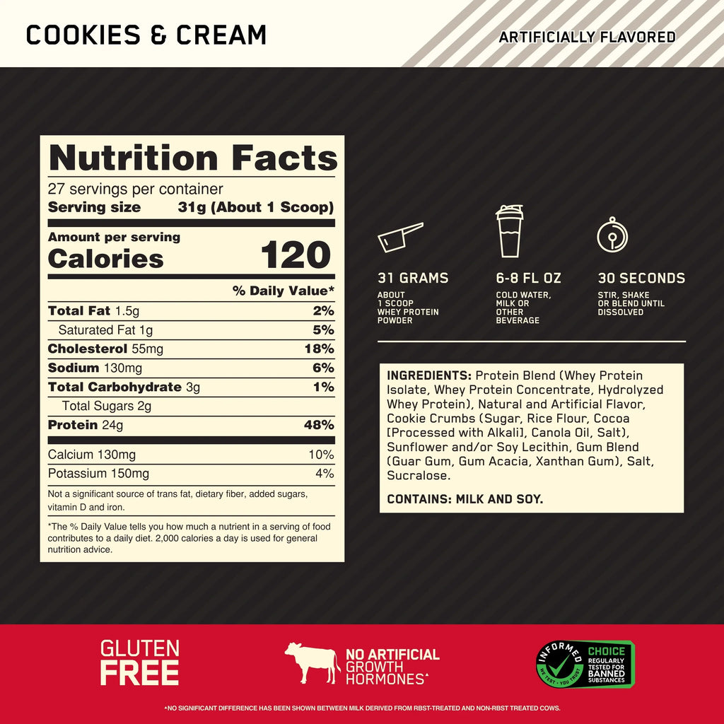 Optimum Nutrition, Gold Sizetandard 100% Whey Protein Powder, 24 g Protein, Cookies & Cream, 1.85 lb, 27 Sizeervings