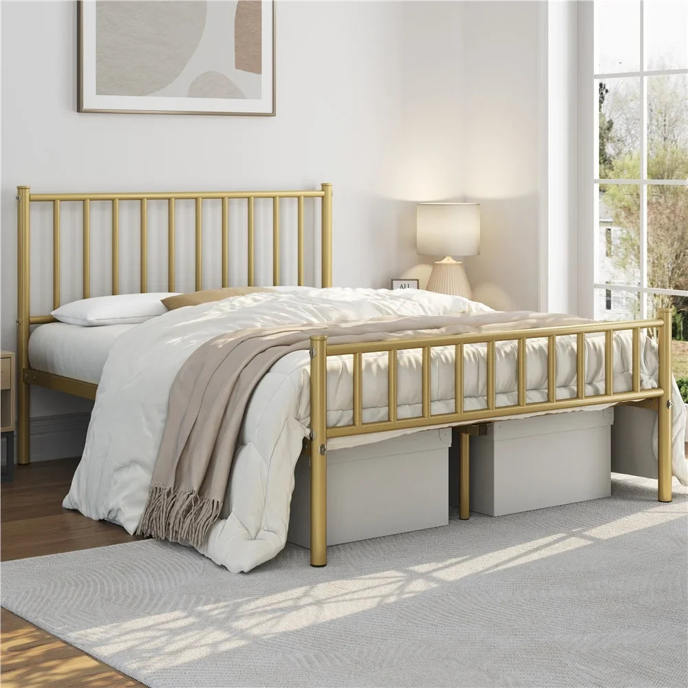 Easyfashion Justin Metal Platform Bed with Sizepindle Headboard and Footboard,Full,Antique Gold