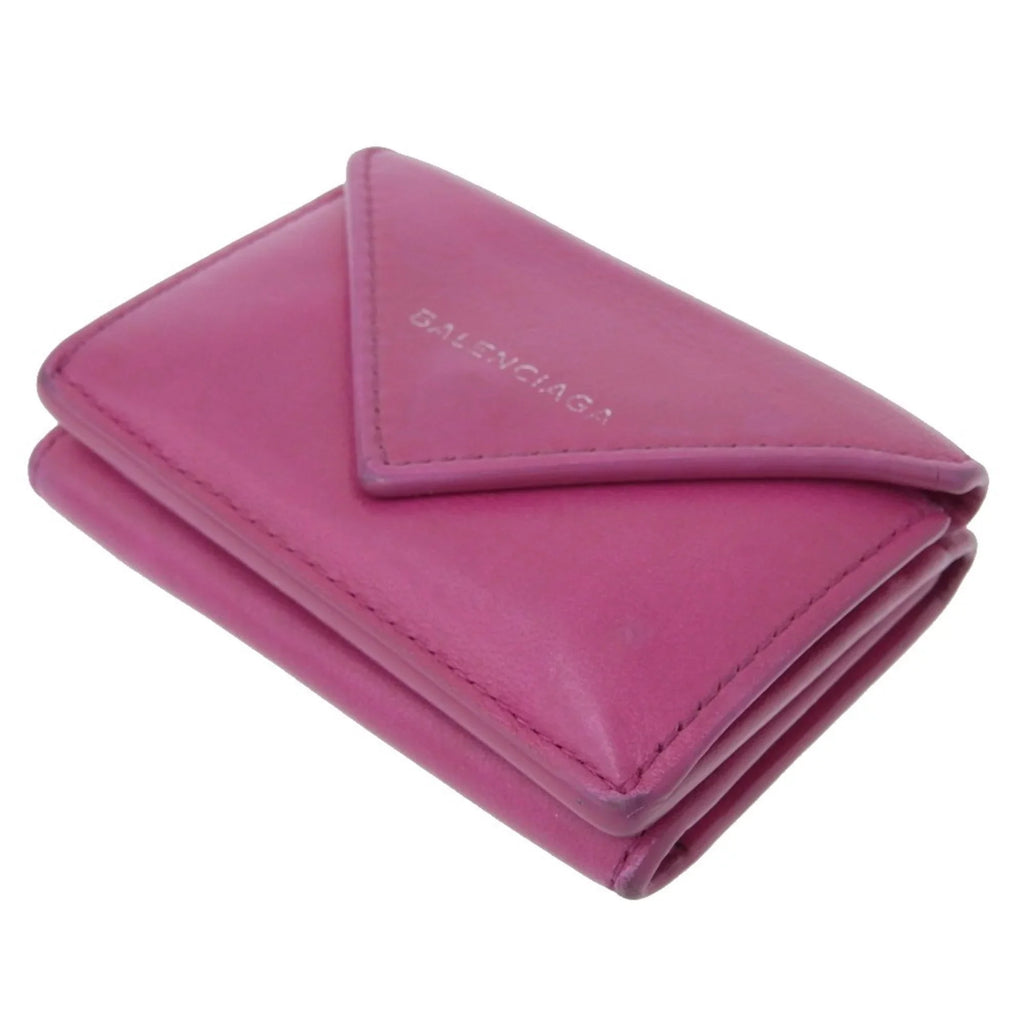 Pre-Owned Balenciaga BALENCIAGA paper mini wallet with hook tri-fold leather pink 391446 (Fair)