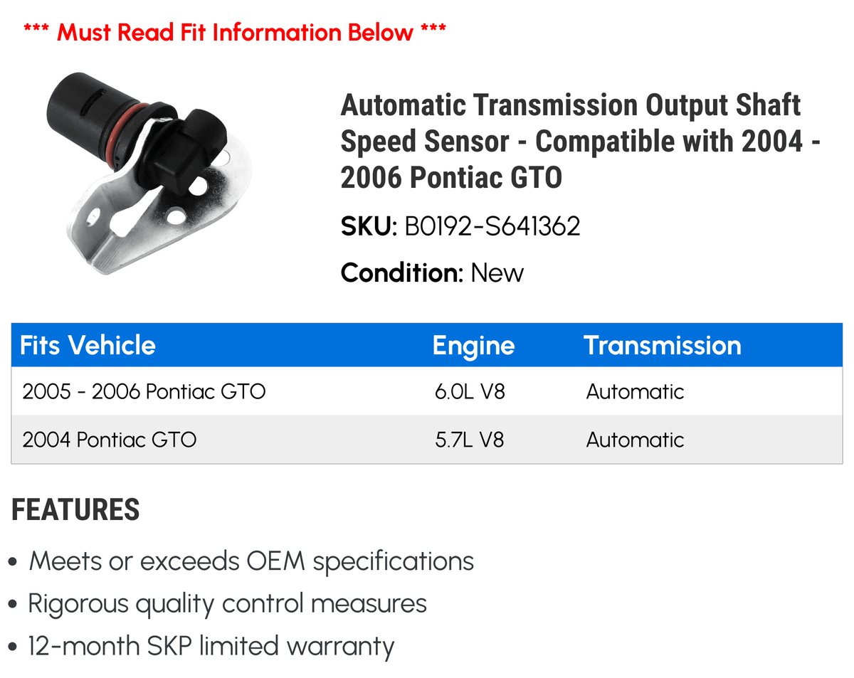 Automatic Transmission Output Sizehaft Sizepeed Sizeensor - Compatible with 2004 - 2006 Pontiac GTO 2005