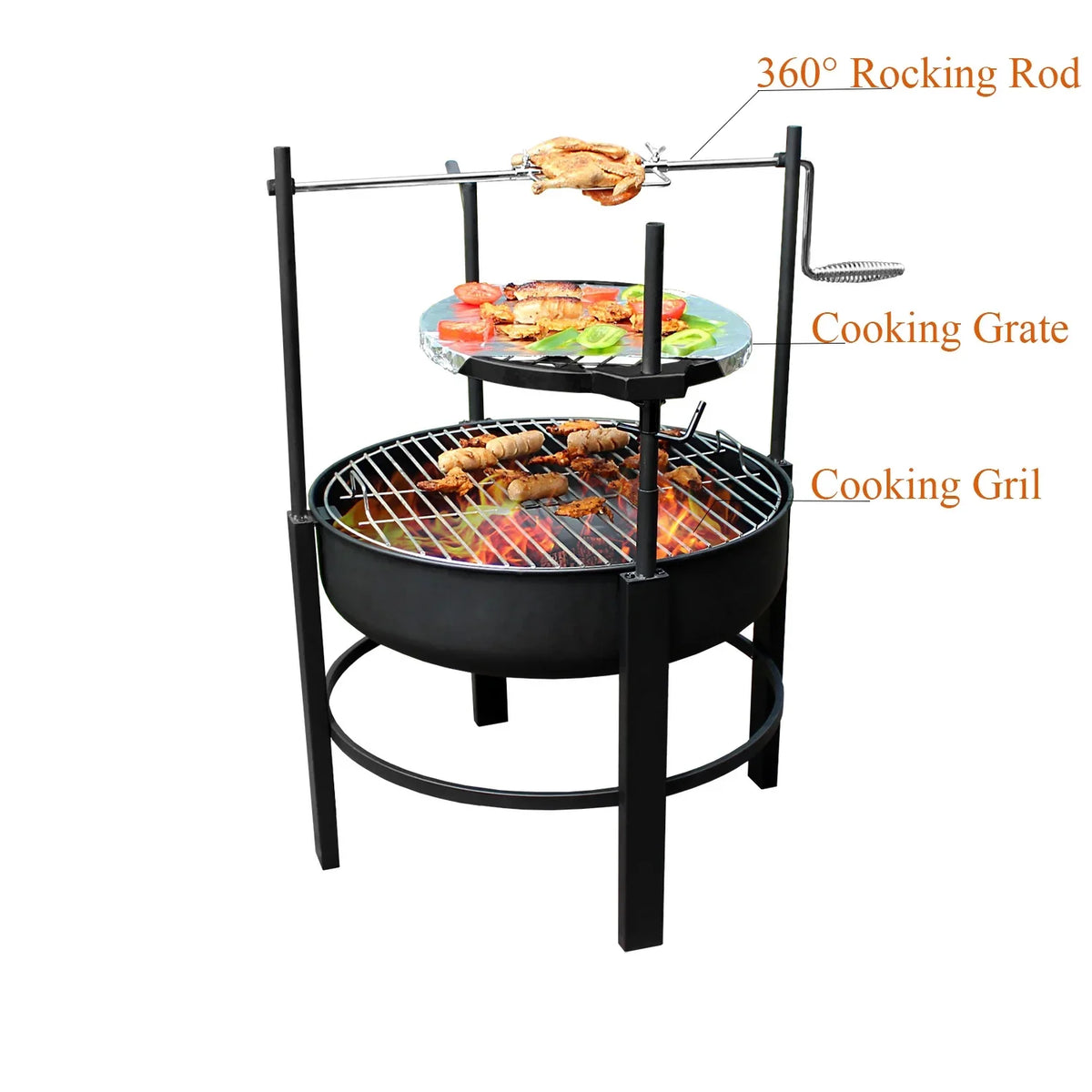 26 inch outdoor portable fire pit table with grill and turkey fork, featuring barbecue, dining table, and campfire functions