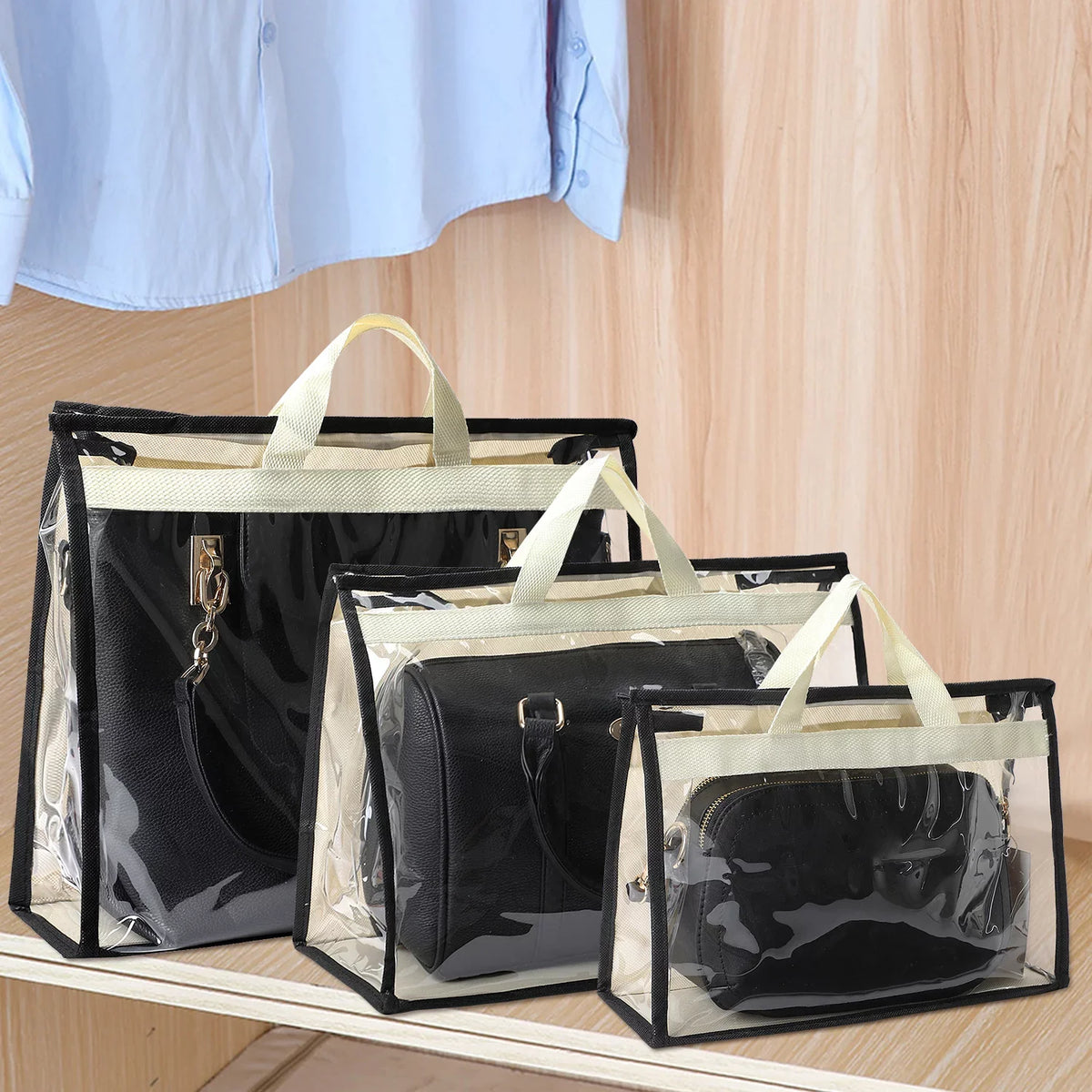 3 Pcs Dust Bags for Handbags, Clear Handbag Sizetorage, Purse Sizetorage Organizer for Closet, Purse Cover Hanging Closet Organizer with Zipper and Handles