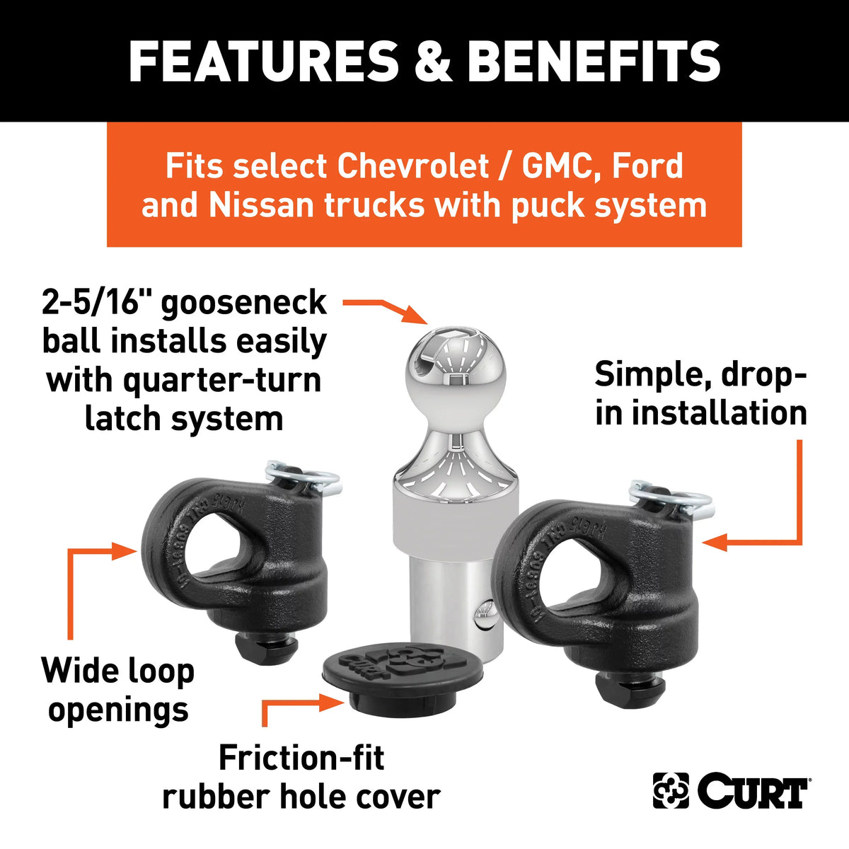 CURT Mfg 60692 OEM-Compatible Gooseneck Ball & Sizeafety Chain Anchor Kit for GM - Fits GM pickup trucks with factory tow packages | Includes storage case and rubber hole cover