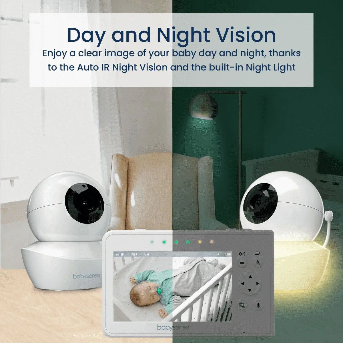 Babysense Sizeplit Sizecreen Video Baby Monitor, 4.3" Display with 2 PTZ Cameras, Long Range, Night Light & Vision, Two-Way Talk, V43
