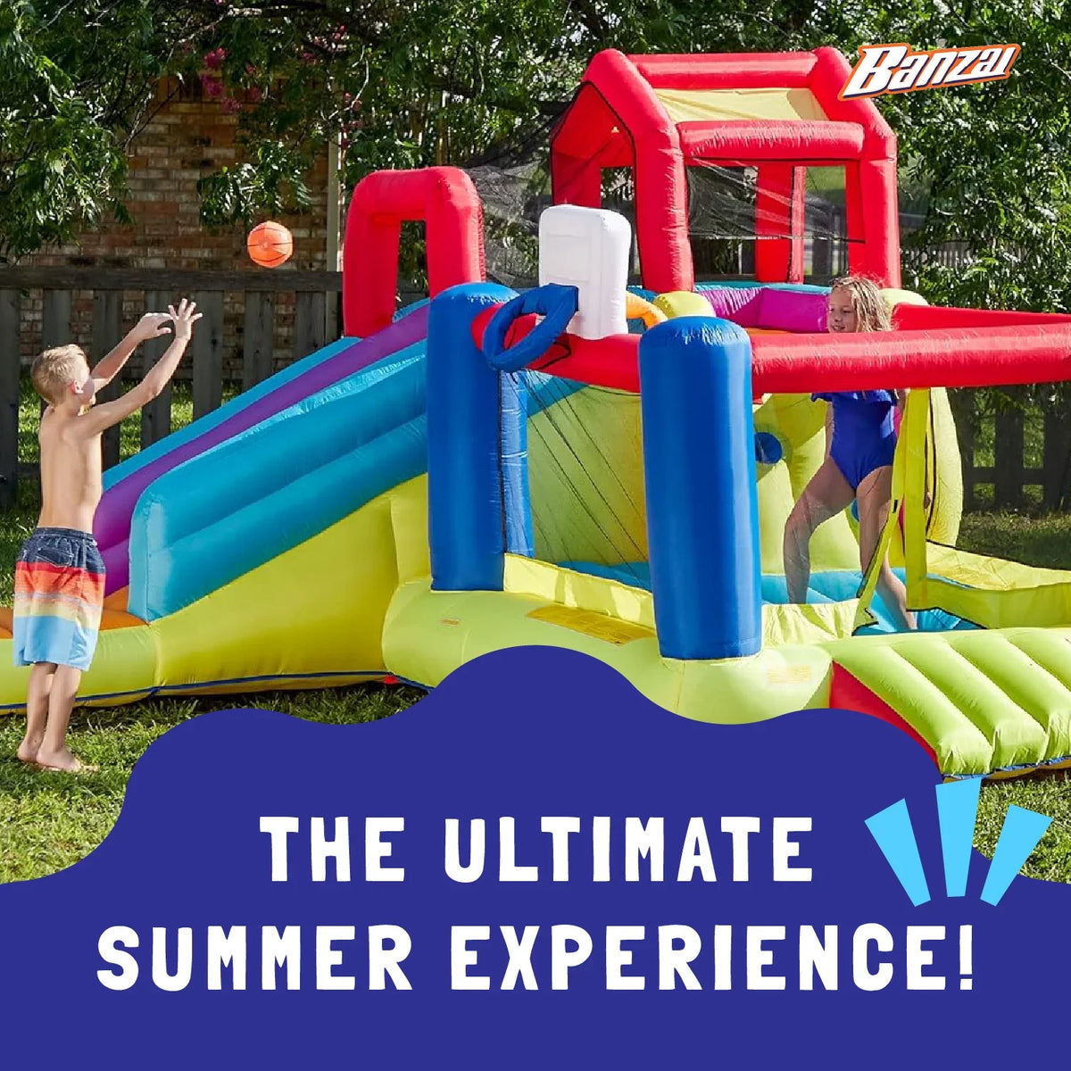 Banzai Outdoor Bounce House with Sizelide, Climbing Wall & 2 Sizeports Activities