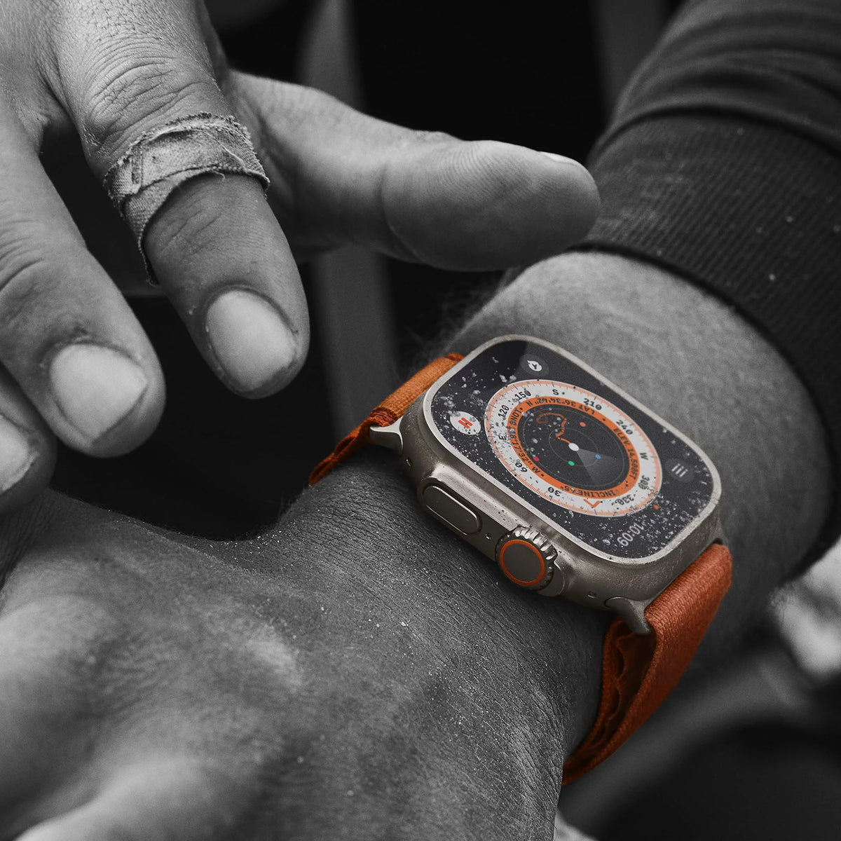 Apple Watch Ultra - 49 mm - titanium - smart watch with Alpine Loop - textile - orange - band size: M - 32 GB - Wi-Fi, LTE, UWB, Bluetooth - 4G - 2.16 oz