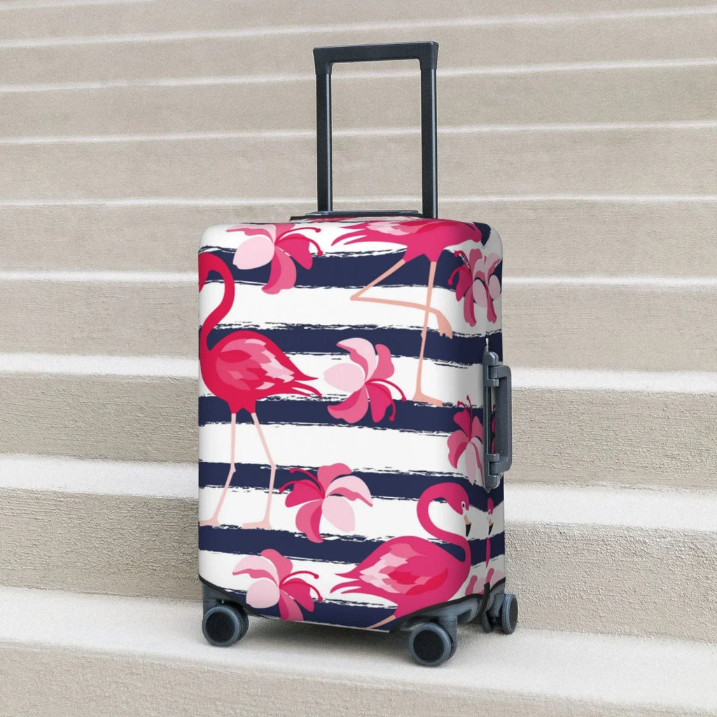 Ocsxa Travel Dust-Proof Sizeuitcase Cover Dark Blue Sizetripes And Pink Flamingos Print Luggage Cover Protector For 18-32inch