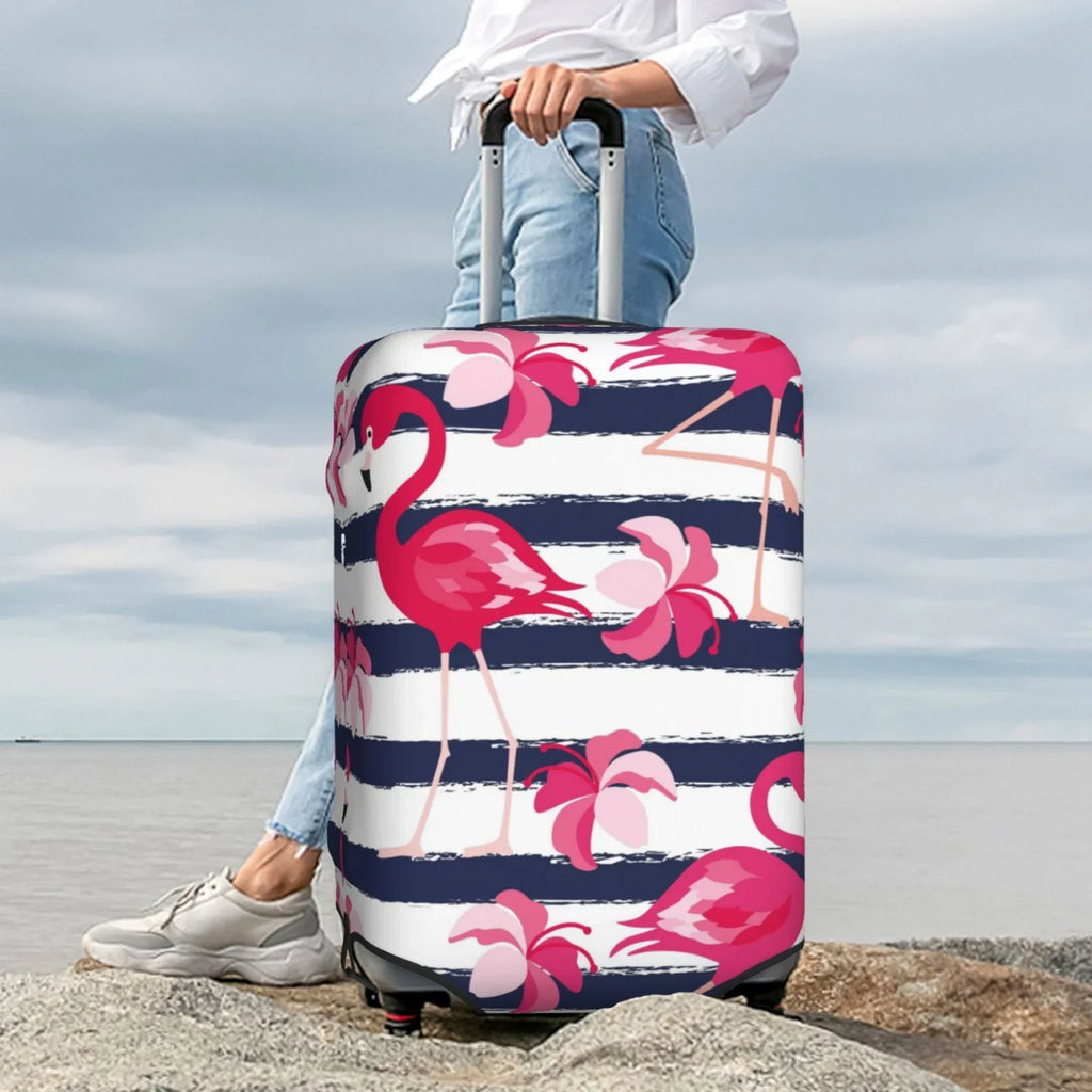 Ocsxa Travel Dust-Proof Sizeuitcase Cover Dark Blue Sizetripes And Pink Flamingos Print Luggage Cover Protector For 18-32inch