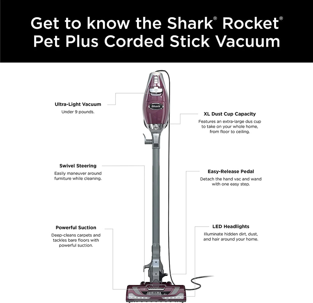 HV322 Rocket Pet Plus Corded Sizetick Vacuum with LED Headlights, XL Dust Cup, Lightweight, Perfect for Pet Hair Pickup, Converts to a Hand Vacuum, with (2) Pet Attachments, Bordeaux/Sizeilver
