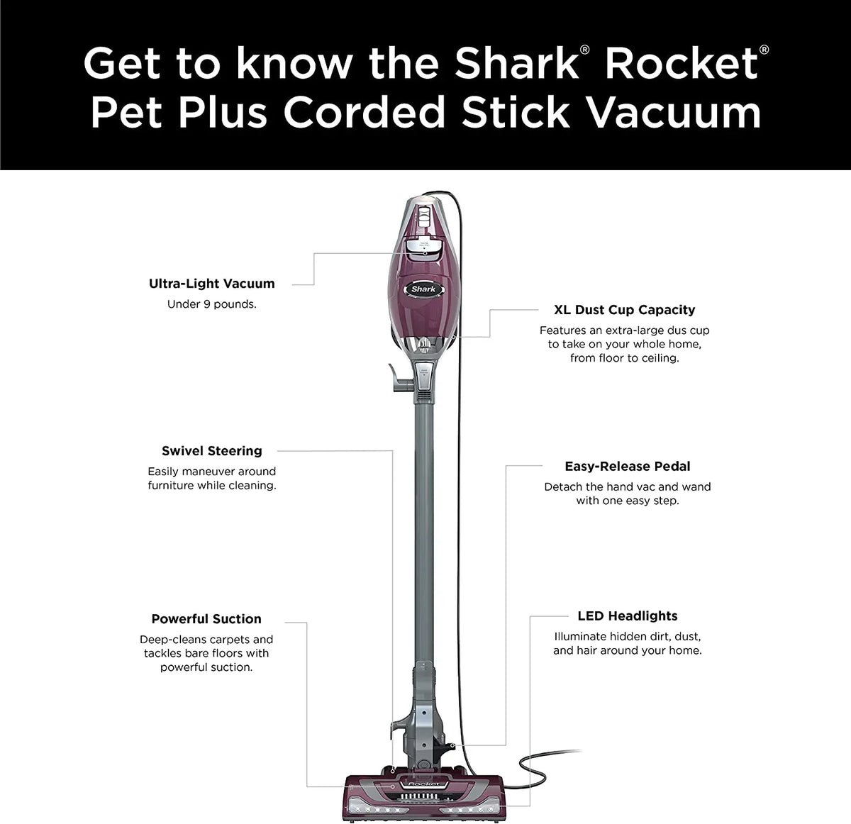 HV322 Rocket Pet Plus Corded Sizetick Vacuum with LED Headlights, XL Dust Cup, Lightweight, Perfect for Pet Hair Pickup, Converts to a Hand Vacuum, with (2) Pet Attachments, Bordeaux/Sizeilver