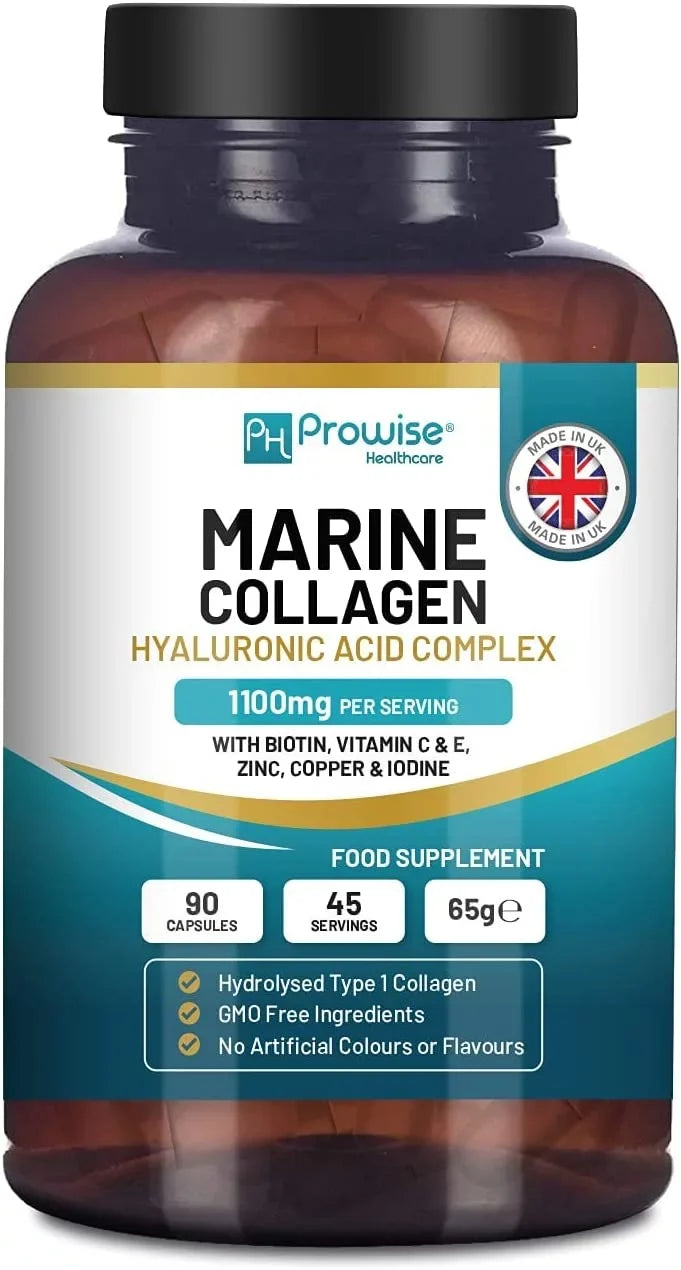 Marine Collagen with Hyaluronic Acid 1100mg - 90 Capsules Boosted with Hyaluronic Acid, Vitamins C, E, B2, Biotin, Copper, Zinc and Iodine | for Women and Men | Made in The UK by Prowise Healthcare