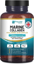 Marine Collagen with Hyaluronic Acid 1100mg - 90 Capsules Boosted with Hyaluronic Acid, Vitamins C, E, B2, Biotin, Copper, Zinc and Iodine | for Women and Men | Made in The UK by Prowise Healthcare