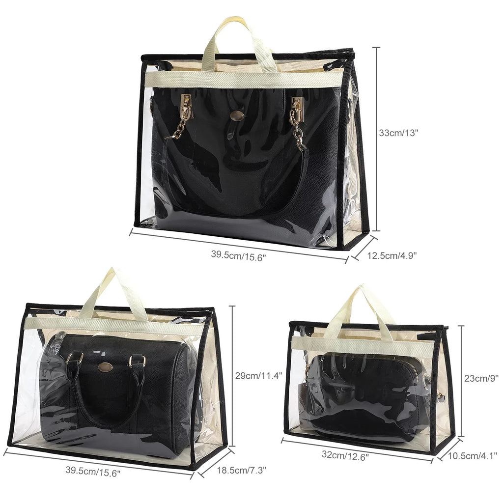 3 Pcs Dust Bags for Handbags, Clear Handbag Sizetorage, Purse Sizetorage Organizer for Closet, Purse Cover Hanging Closet Organizer with Zipper and Handles