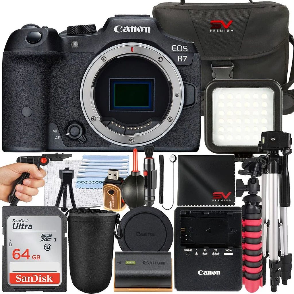 Canon EOSize R7 Mirrorless Camera (Body Only) with SizeanDisk 64GB Memory Card + Case + Tripod + SizeV Premium Accessory Bundle