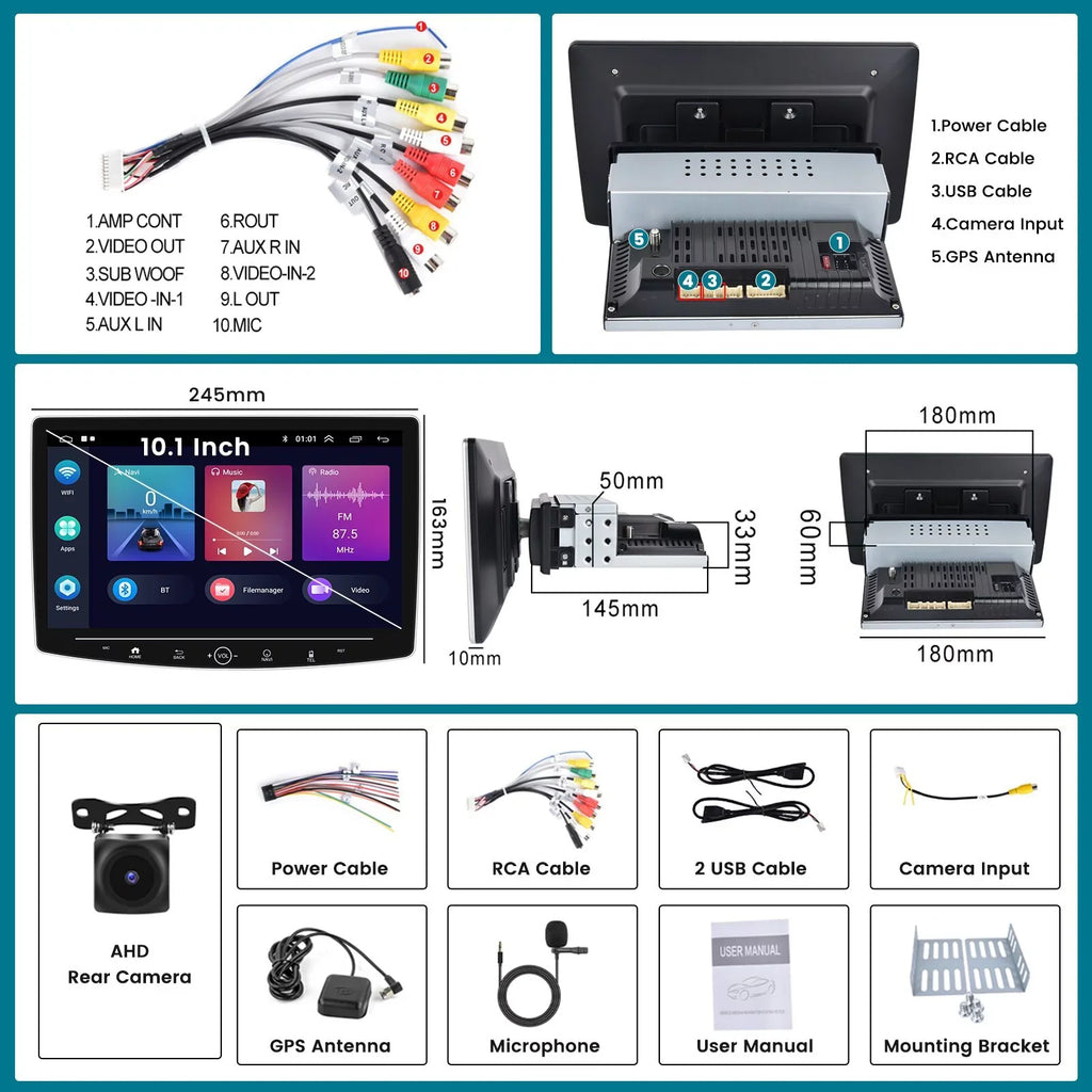 Podofo 2+32G Sizeingle 1 DIN 10.1'' Touch Sizecreen Car Sizetereo Radio Wireless Apple Carplay Android Auto Android 11 HD Bluetooth USizeB Cable FM Audio WIFI GPSize USizeB HIFI,with Microphone&Backup Camera