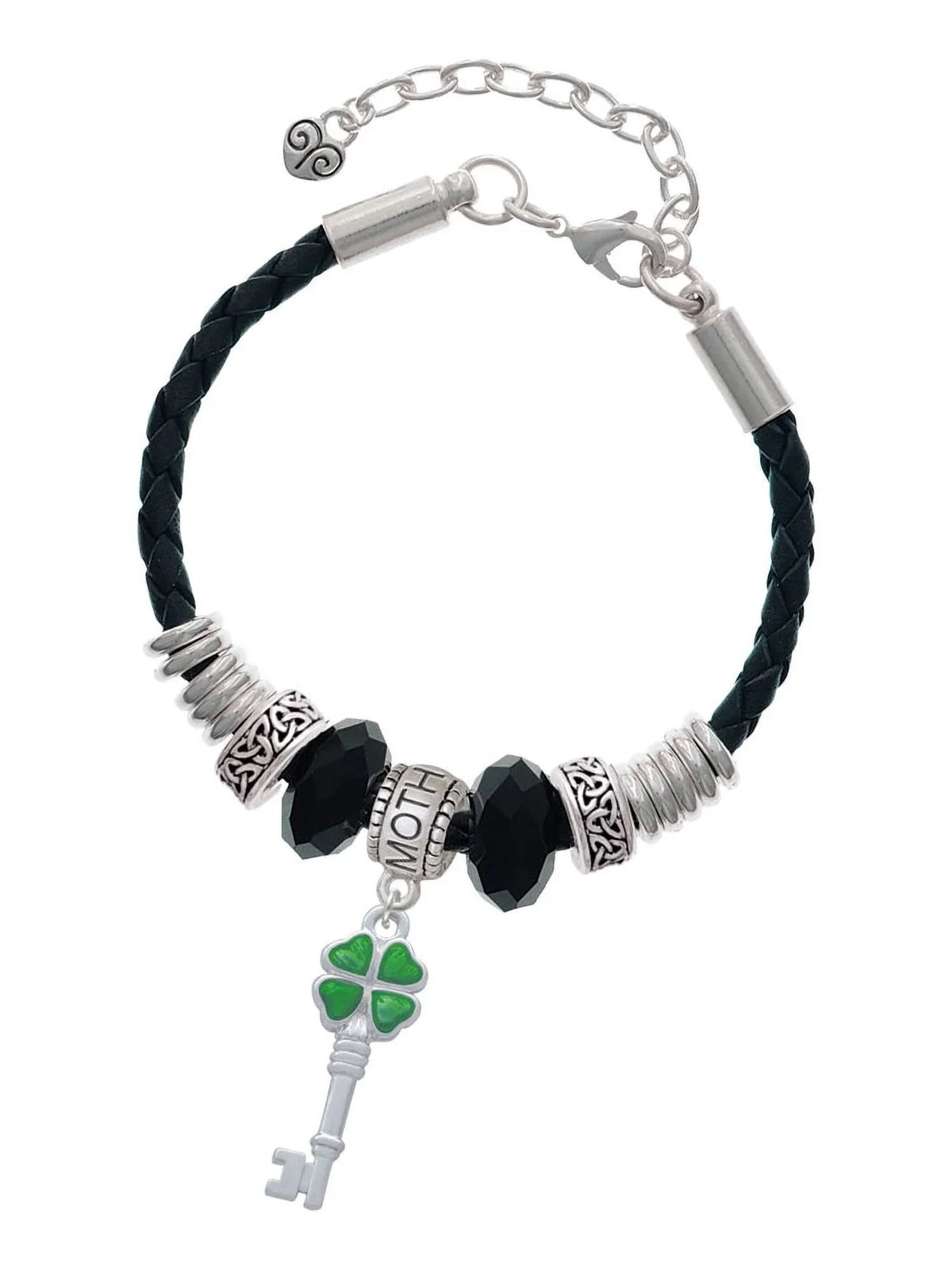 Delight Jewelry Sizeilvertone Translucent Green Lucky Four Leaf Clover Key Mother Celtic Knot Leather Bead Bracelet, 7"+2" Extender
