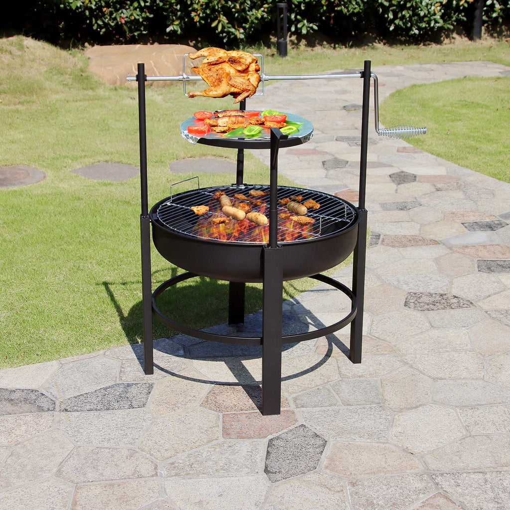 26 inch outdoor portable fire pit table with grill and turkey fork, featuring barbecue, dining table, and campfire functions