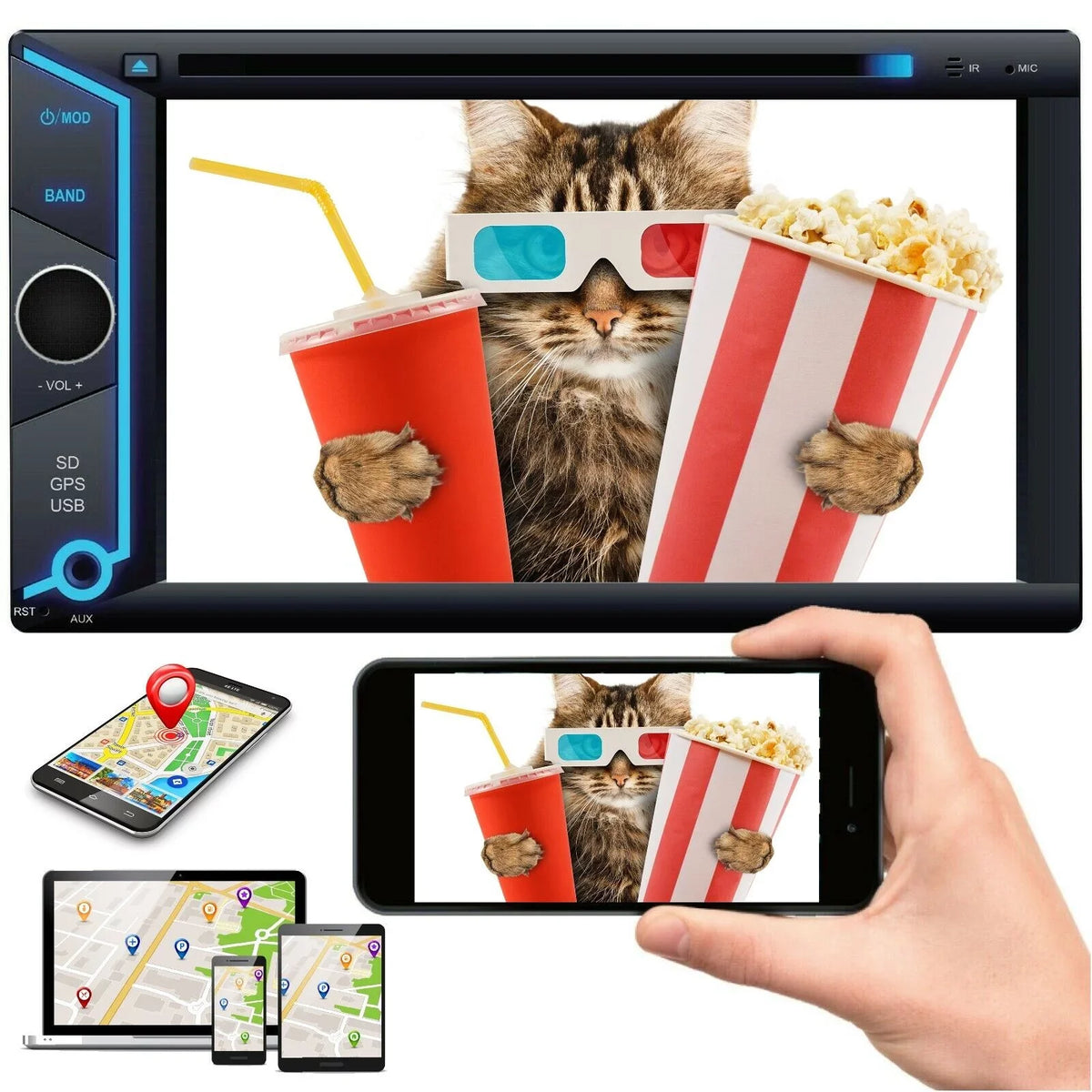 200W 6.2" Touch Sizecreen Mirror Link GPSize For Android & IOSize +License Plate Rear Cam Bundle