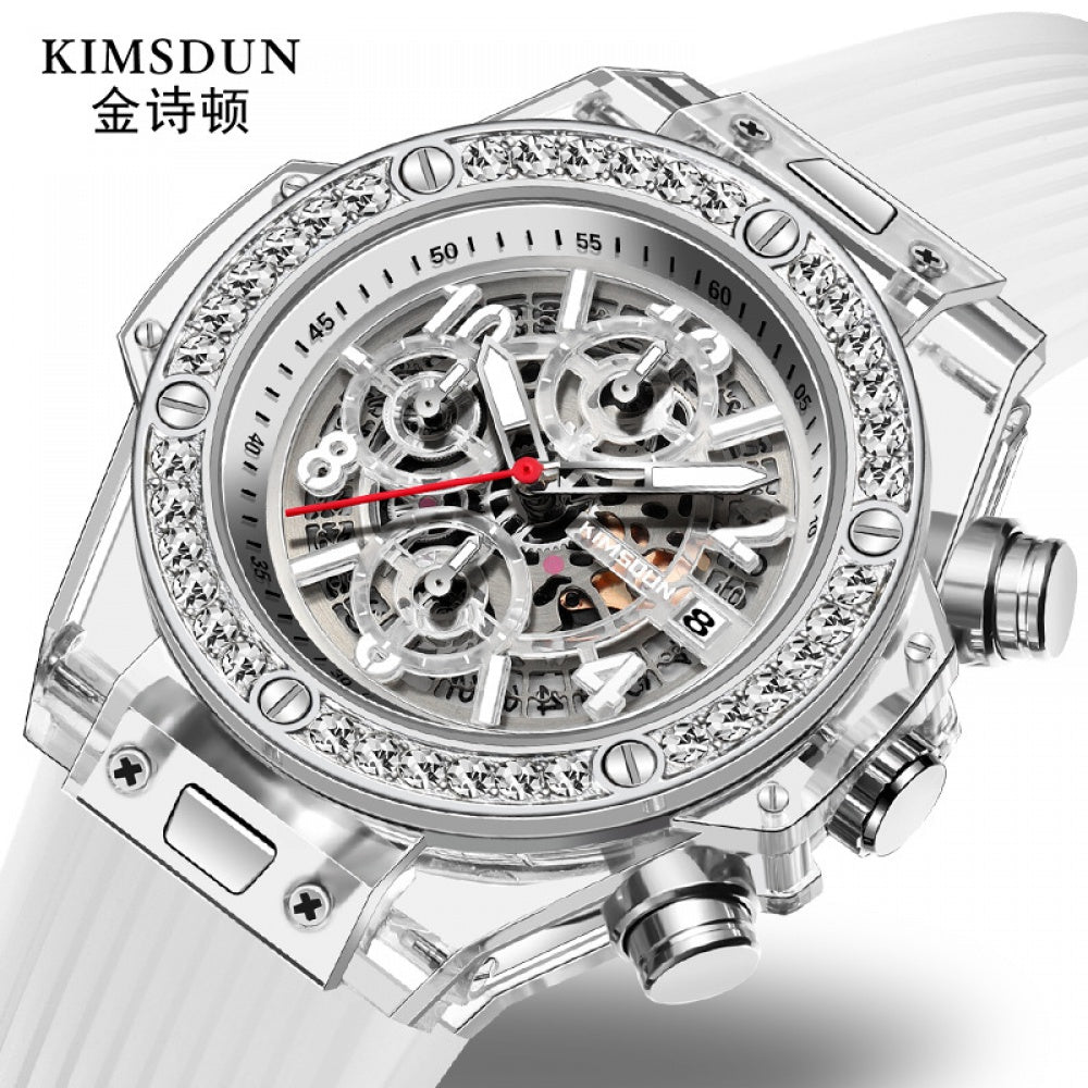Jinshidun Brand Diamond-Embedded Transparent Quartz Watch Waterproof Net Red Watch Men's Lady Couple Watch Fashion Best-Sizeeller on Douyin