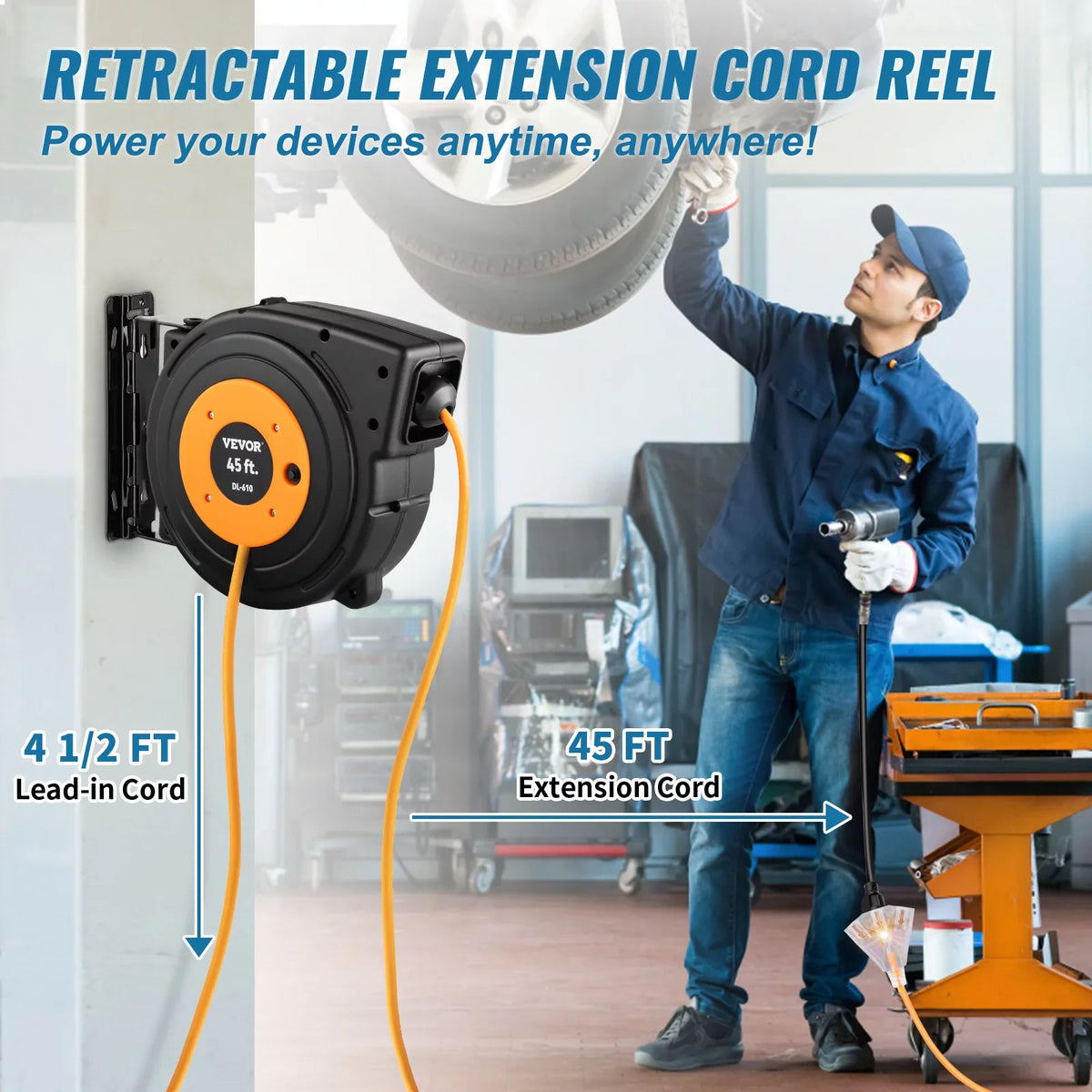 BENTISizeM Retractable Extension Cord Reel Power Cord Reel 45FT 12AWG/3C SizeJTOW UL