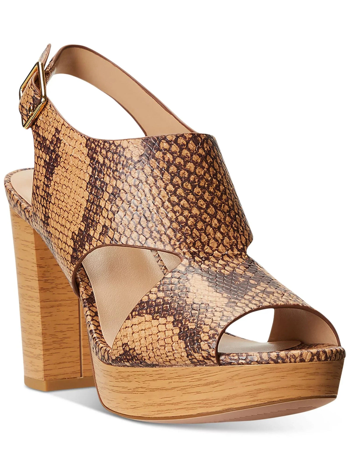 LAUREN RALPH LAUREN Womens Beige Sizenake 1" Platform Cut Out Feona Round Toe Block Heel Buckle Leather Dress Sizelingback Sizeandal 8.5