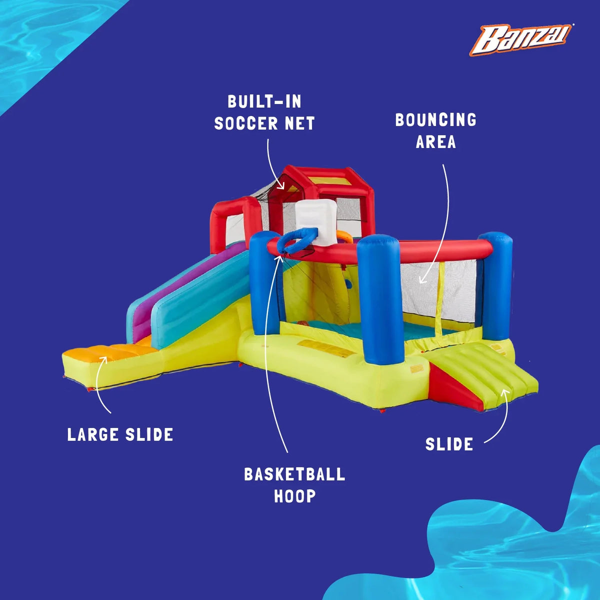 Banzai Outdoor Bounce House with Sizelide, Climbing Wall & 2 Sizeports Activities