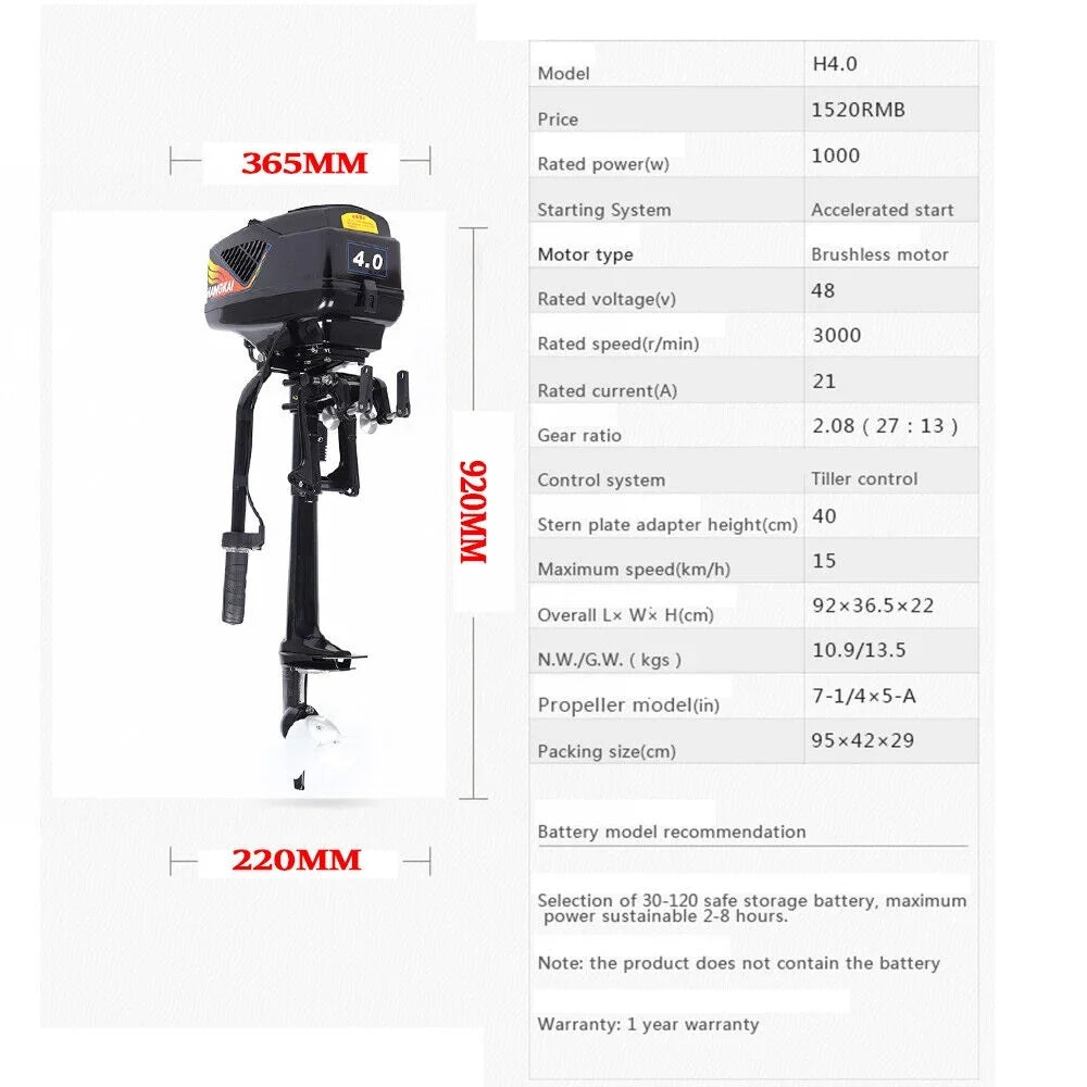 48V 1000W Electric Outboard Trolling Motor Outboard Motor Fishing Boat Engine Sizehort Sizehaft