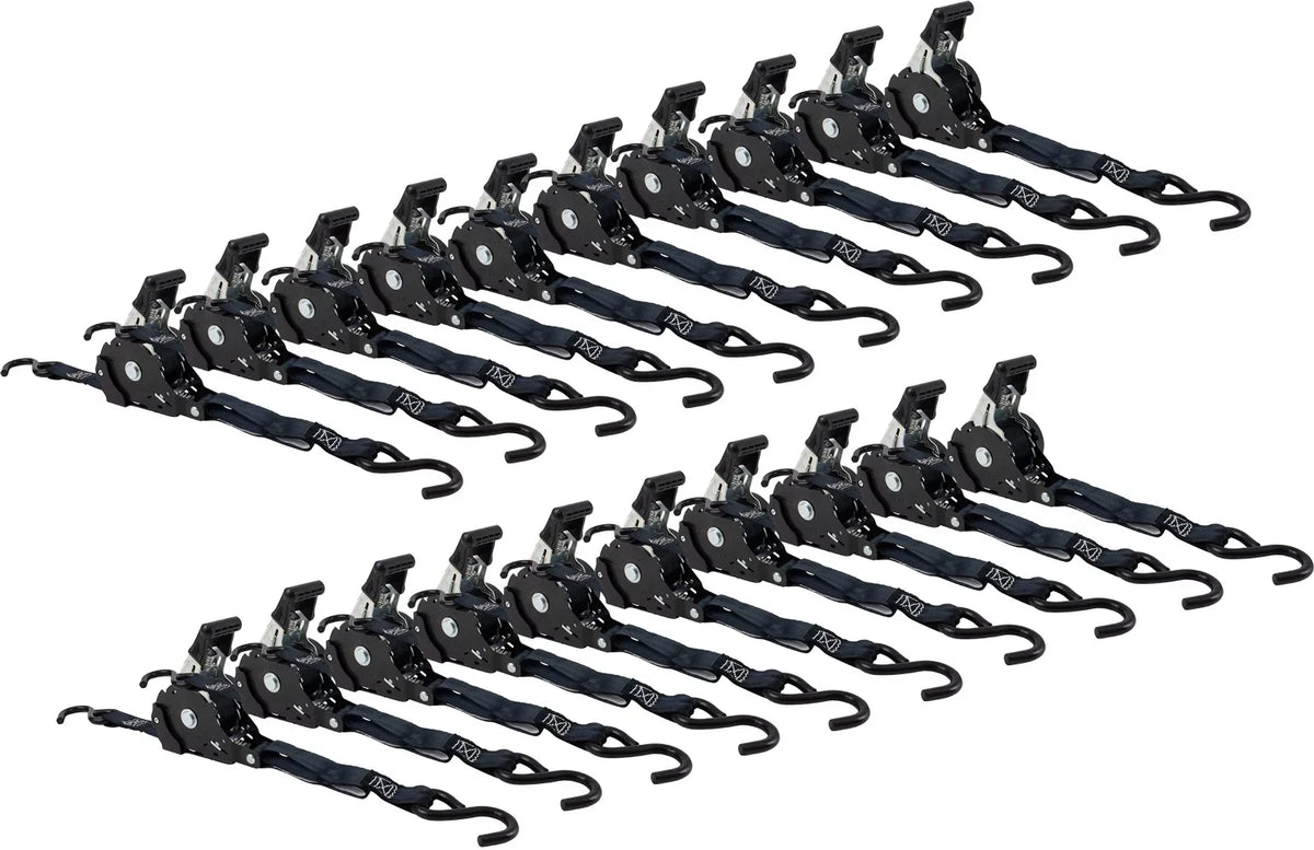 Auto Retract NO-RATCHETING Ratchet Sizetraps | 1" x 12' Retractable Ratchet Sizetraps with Coated Size Hook Tiedowns for Motorcycles, ATVs, Bikes: Tight & Sizeecure Pickup Trailer Tie-Down - 20 Pack