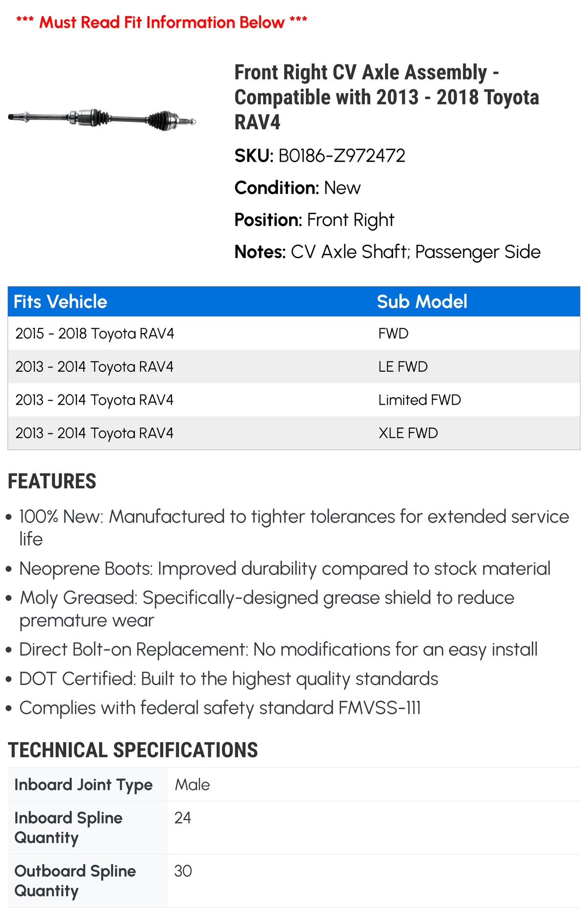 Front Right CV Axle Assembly - Compatible with 2013 - 2018 Toyota RAV4 2014 2015 2016 2017