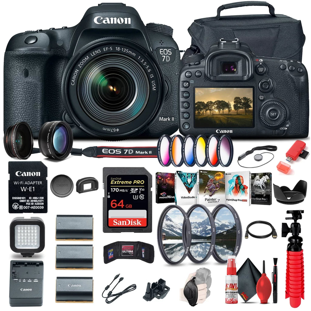 Canon EOSize 7D Mark II DSizeLR Camera W/ 18-135mm f/3.5-5.6 ISize USizeM Lens & W-E1 + More