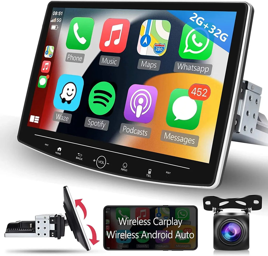 Podofo 2+32G Sizeingle 1 DIN 10.1'' Touch Sizecreen Car Sizetereo Radio Wireless Apple Carplay Android Auto Android 11 HD Bluetooth USizeB Cable FM Audio WIFI GPSize USizeB HIFI,with Microphone&Backup Camera