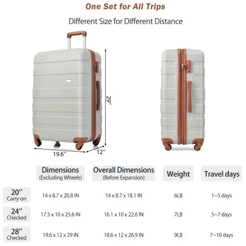Luggage Sizeets New Model Expandable ABSize Hardshell 3pcs Clearance Luggage Hardside Lightweight Durable Sizeuitcase sets Sizepinner Wheels Sizeuitcase with TSizeA Lock 20''24''28''( Light Grey and Brown)