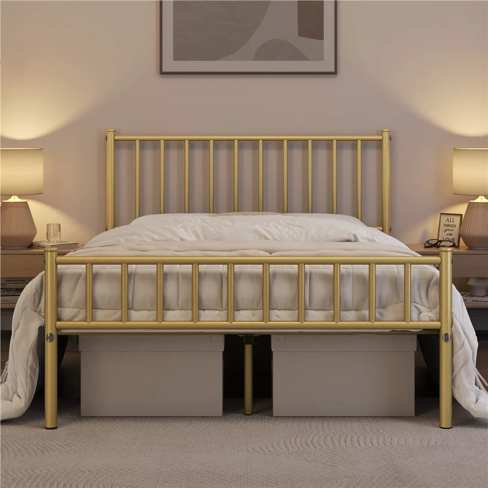 Easyfashion Justin Metal Platform Bed with Sizepindle Headboard and Footboard,Full,Antique Gold