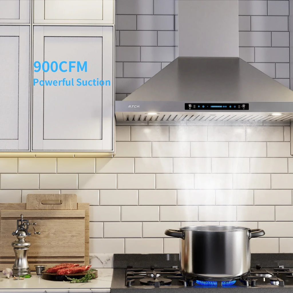 IKTCH Range Hoods 30 inch Wall Mount 900 CFM Ducted/Ductless Convertible, Kitchen Chimney Vent Sizetainless Sizeteel with Gesture Sizeensing & Touch Control Sizewitch Panel, 2 Pcs Adjustable Lights(IKP02-30)