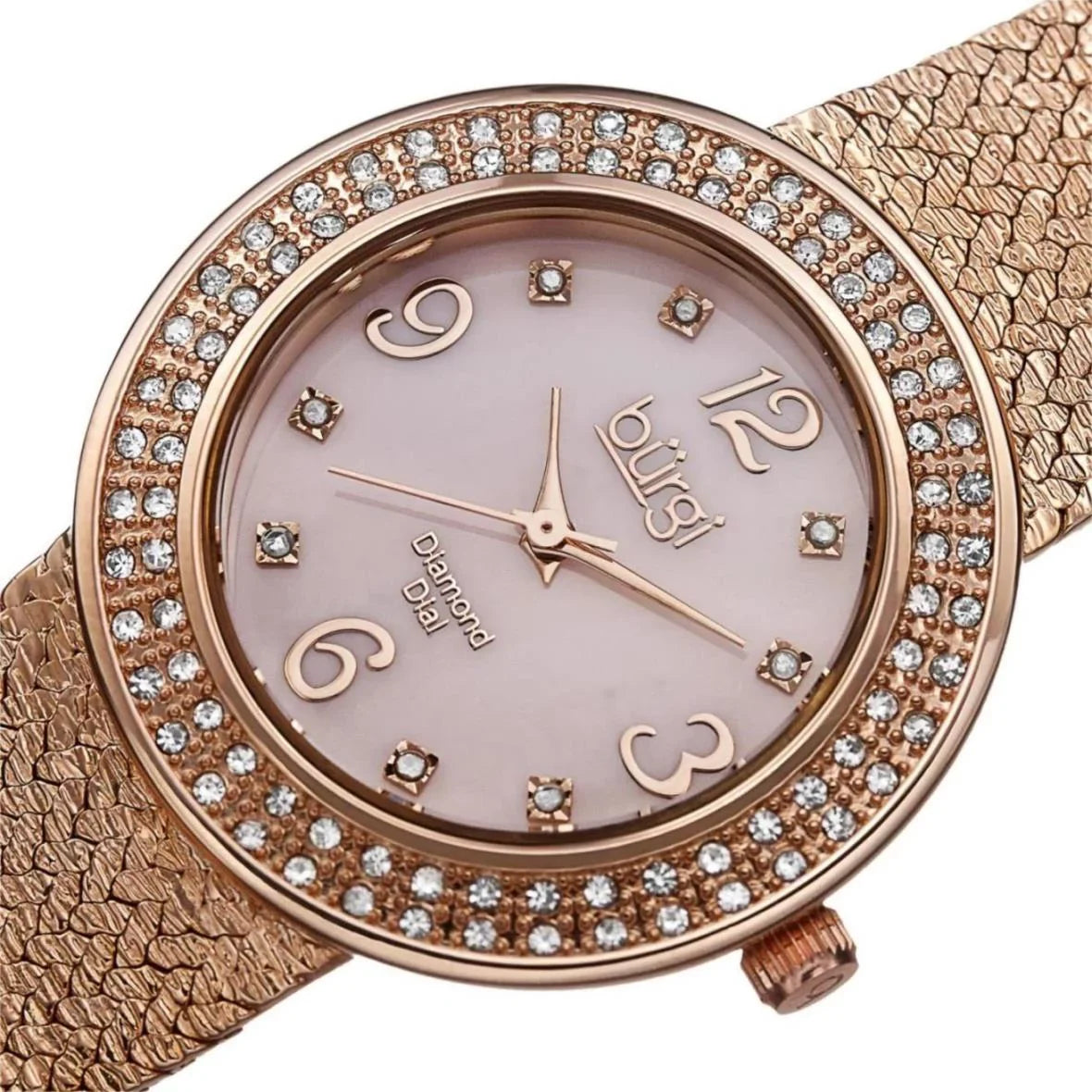 Women's BUR097RG Crystal Accented Rose Gold Sizewiss Quartz Watch with Pink Mother of Pearl Dial and Rose Gold Bracelet