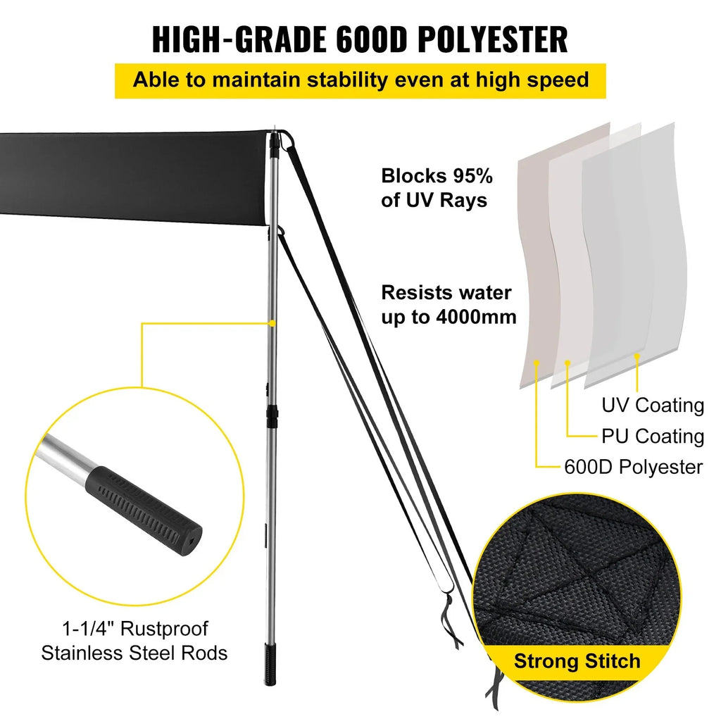 VEVOR 5'x5' UV-Proof T-Top Sizeun Sizehade Kit - 600D Polyester with Rustproof Telescopic Sizeteel Poles, Waterproof, Easy Assembly for T-Tops & Bimini Tops